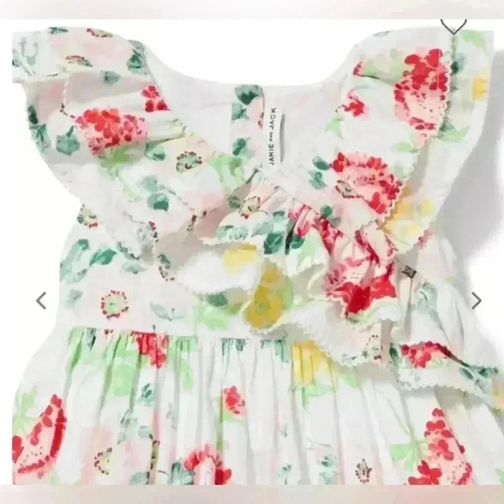 Janie and Jack Toddler Girls Dress Floral Print Ruffle Bow White Pink 12-18m
